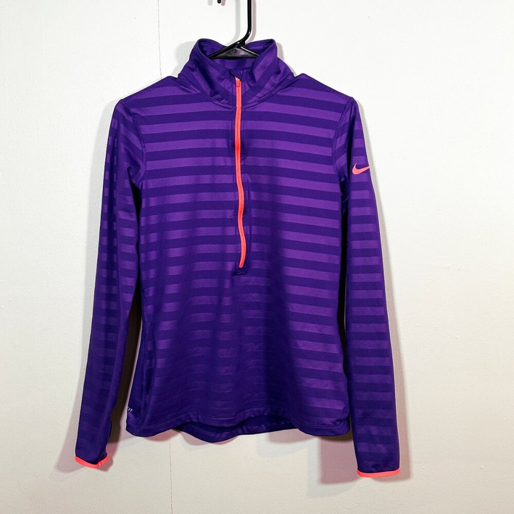 Nike Women's Sz Med 1/2 Zip Pullover Pro Dri-Fit Purple Stripe w/Neon Coral Trim